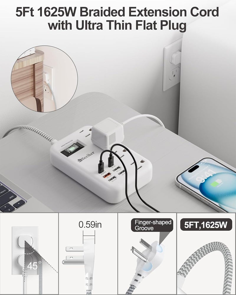 Beeiker 45W USB C Travel Power Strip- PD 45W Fast Charging Station with 6 USB(2 USB C) Ports and 4 Outlets,5Ft Flat Plug Braided Extension Cord Surge Protector for MacBook Laptops iPad Pro iPhone Samsung 13A - Image 5